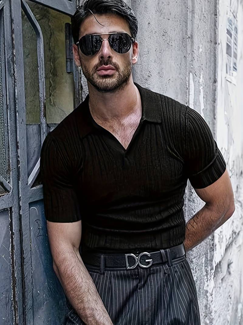 Męski Elegancki T-Shirt Rib z Wąskim Fasonem i Wysokiej Jakości Materiałem
