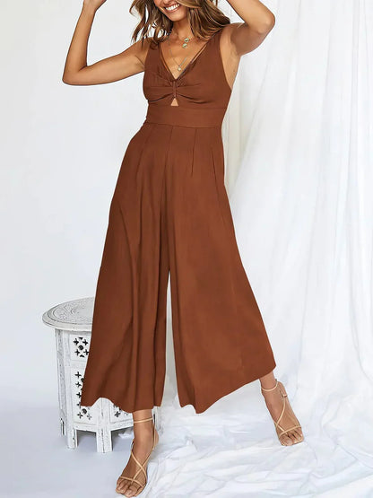 Kobieta Elegancka Tkanina Jumpsuit z V-hals i Wysokim Stanem