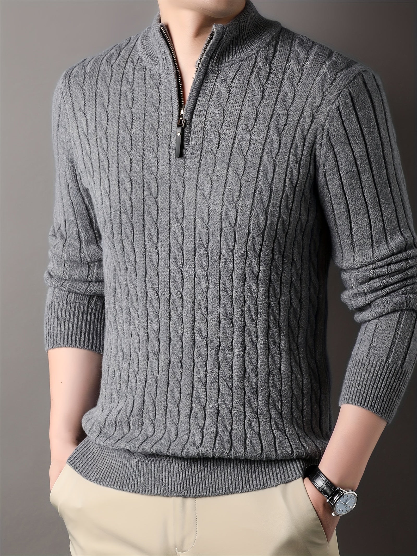 Variant image for Męski Casual Bawełniany Sweter z Półzamkiem i Wzorem Pasków-25