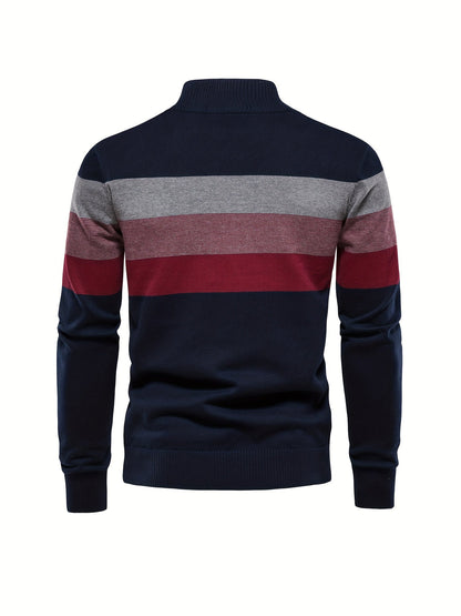 Męski Stylowy Sweter z Pół-Zamkiem i Wzorem w Paski z Wysokiej Jakości Tkaniny