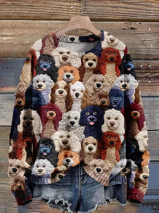 Damski Elegancki Akrylowy Sweter z Wzorem Psów