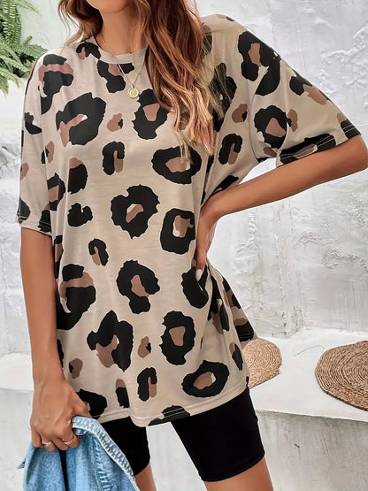 T Shirt Damski Modny Bawełna z Nadrukiem w Panterkę z Okrągłym Dekoltem