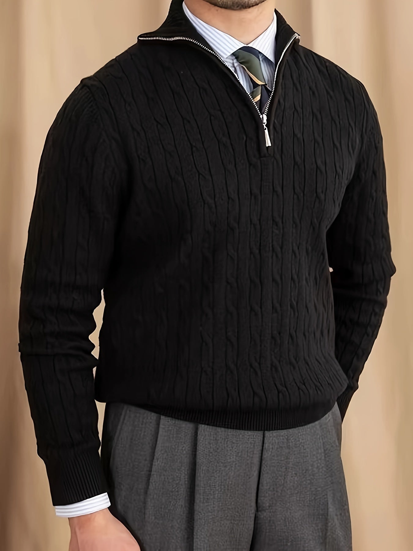 Męski Casualowy Dzianinowy Sweter z Krawatem i Półzamkiem