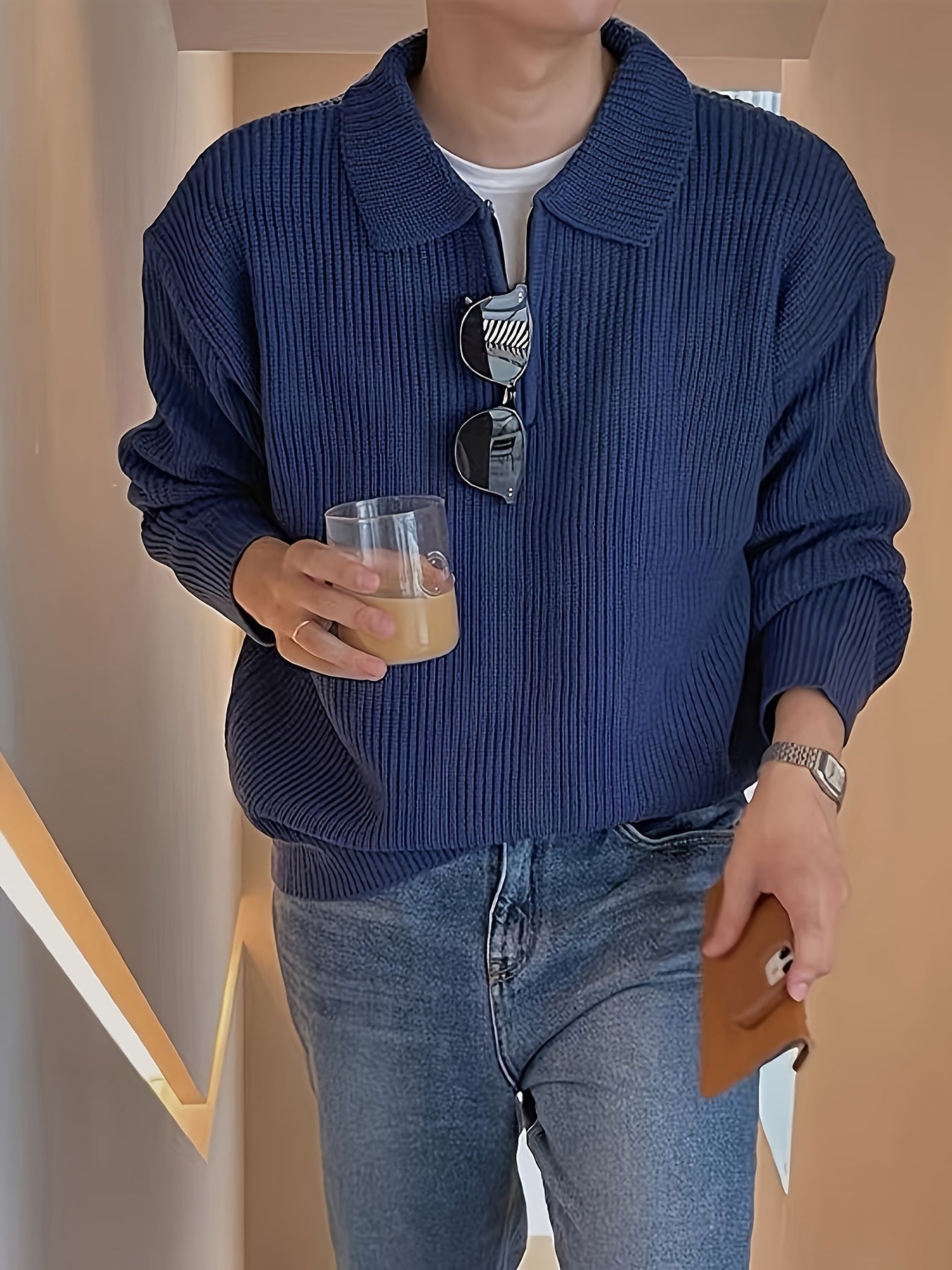 Variant image for Męski Casualowy Sweter z Półzamkiem z Wysokiej Jakości Dzianiny z Modnym Wzorem w Paski-19