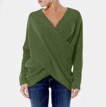 Sweter Damski Elegancki Bawełniany z Krzyżowym Wzorem i Długimi Rękawami