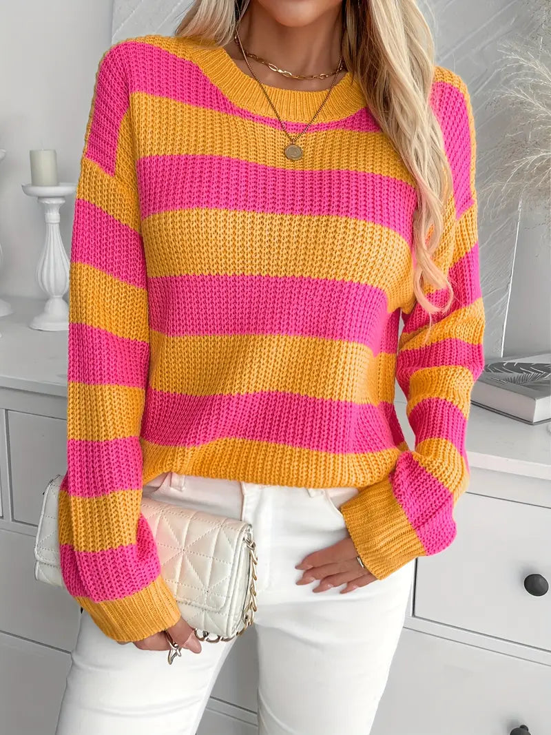 Modny Sweter Dzianinowy z Paskami Damski | Idealny na Jesień/Zimę