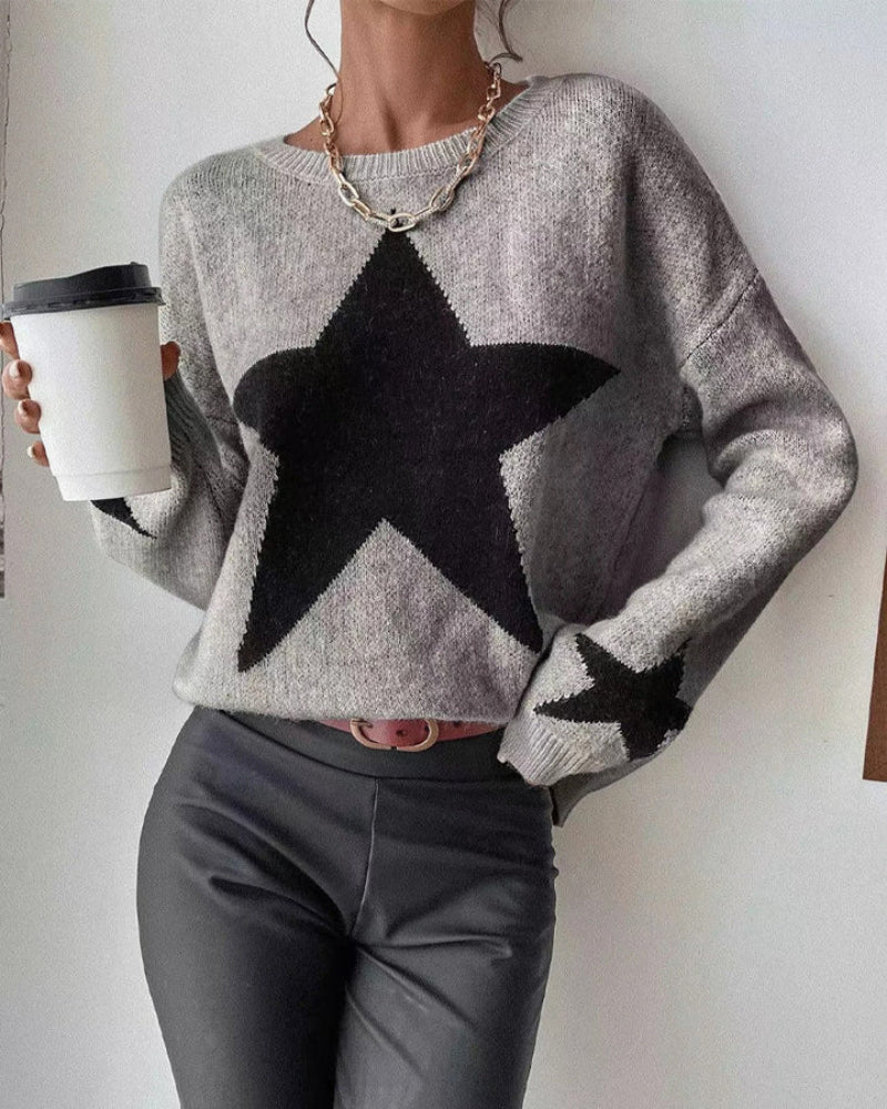 Casualowy Szary Sweter z Wzorem Gwiazdy Damski | Idealny na Jesień/Zimę