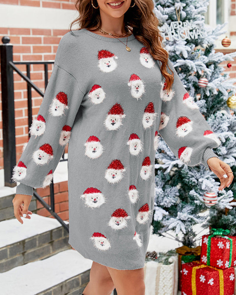 Elegancka Casual Sukienka Sweter z Nadrukiem Świętego Mikołaja Damski | Idealna na Jesień/Zimę