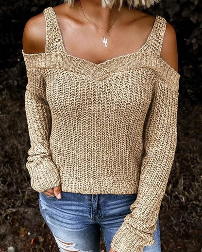 Elegancki Gładki Sweter Dzianinowy Z Długim Rękawem I Wycięciem Damski | Idealny na Jesienno-Zimowe Dni