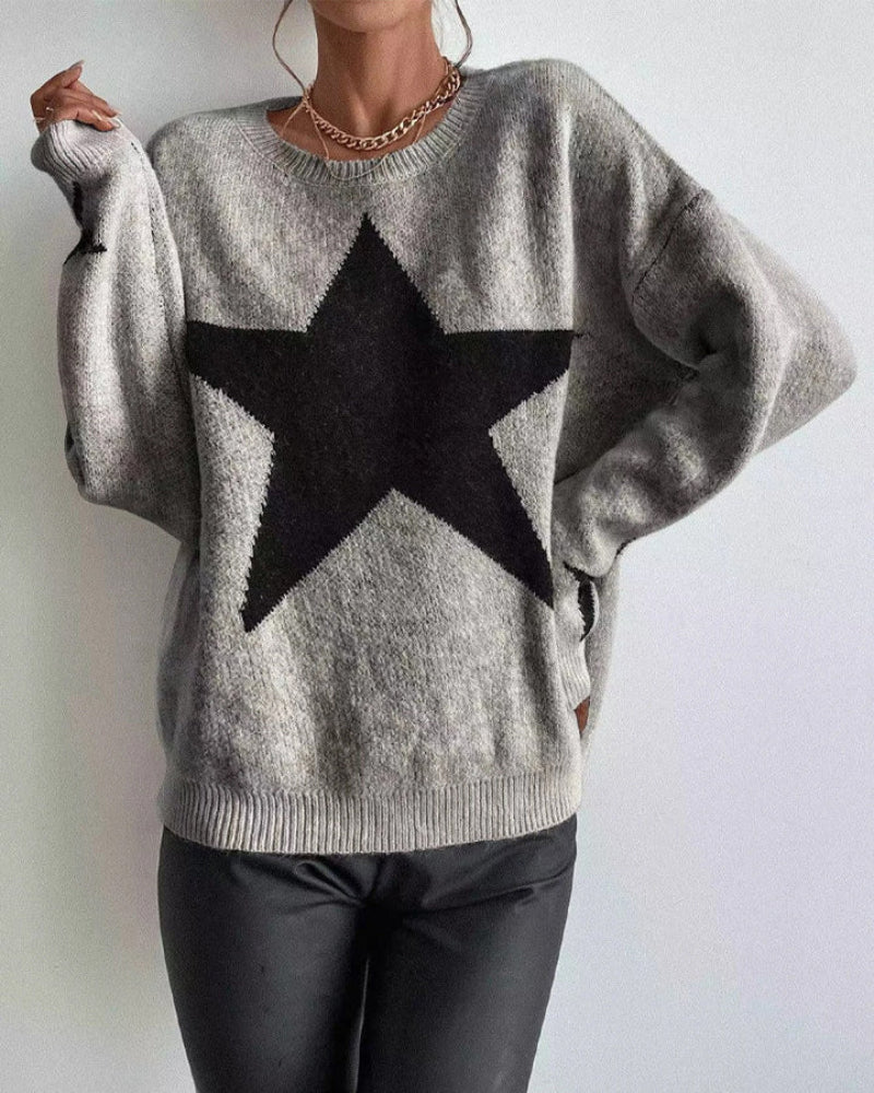 Casualowy Szary Sweter z Wzorem Gwiazdy Damski | Idealny na Jesień/Zimę