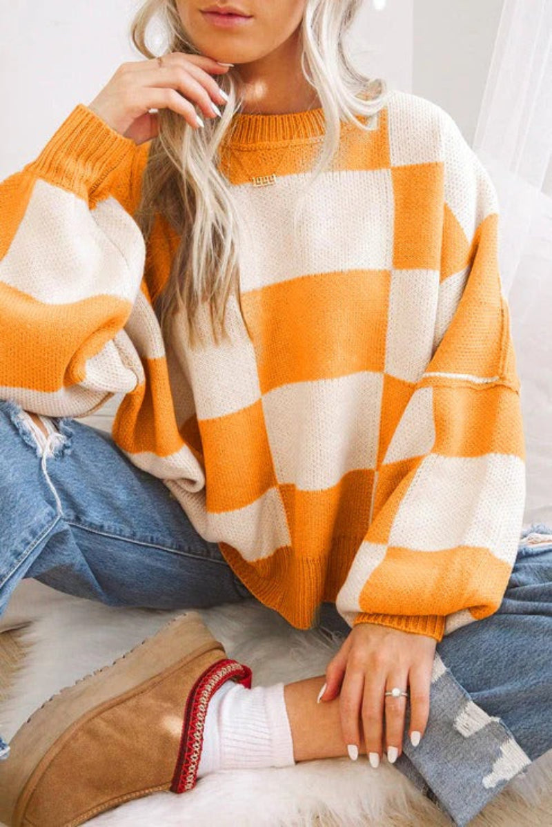 Stylowy Sweter Dzianinowy W Kratę Z Okrągłym Dekoltem Damski | Idealne na codzienne dni