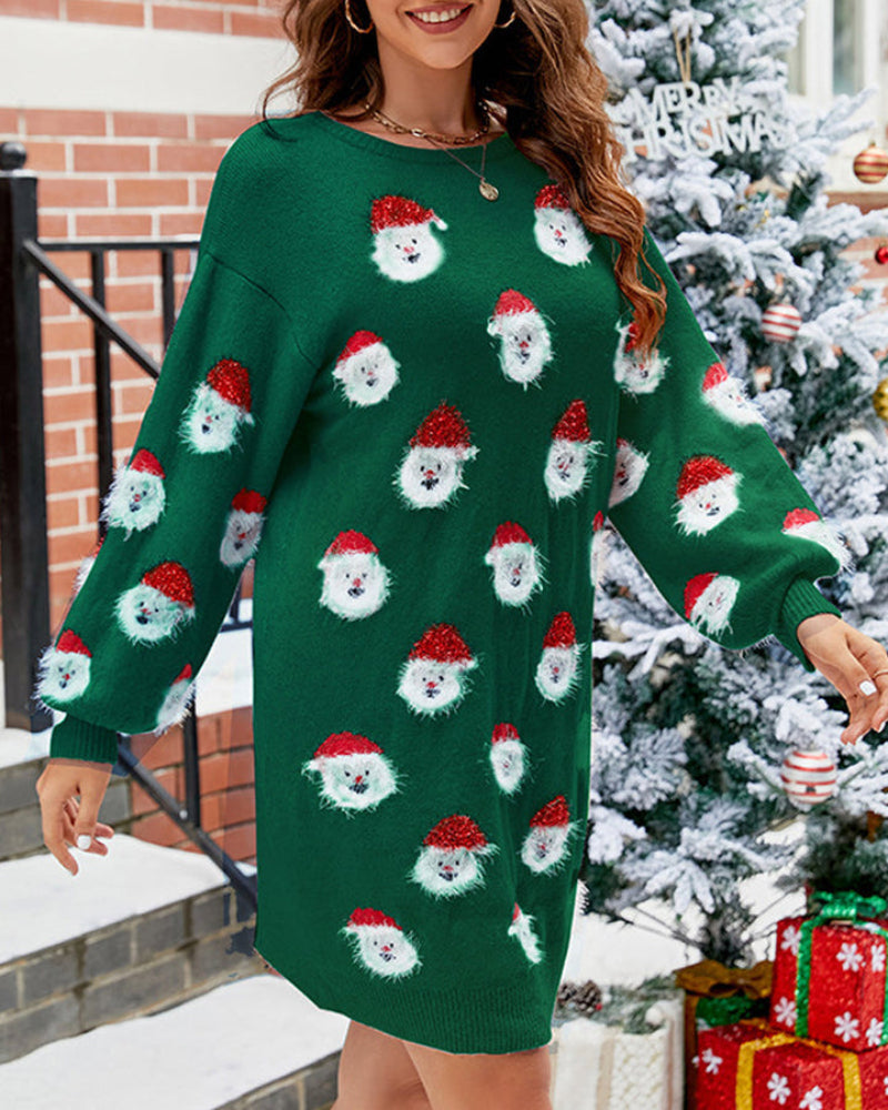 Elegancka Casual Sukienka Sweter z Nadrukiem Świętego Mikołaja Damski | Idealna na Jesień/Zimę