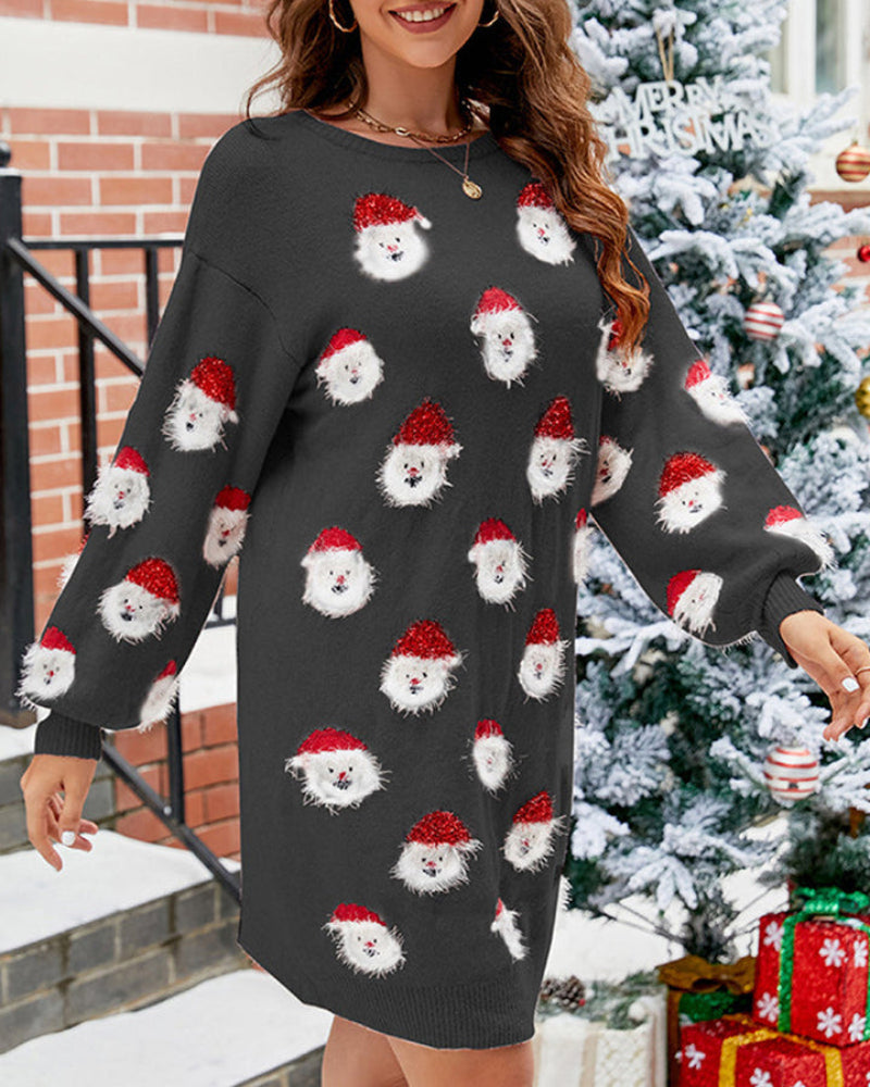 Elegancka Casual Sukienka Sweter z Nadrukiem Świętego Mikołaja Damski | Idealna na Jesień/Zimę