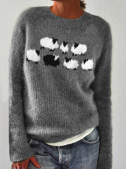 Casualowy Długi Dzianinowy Sweter Z Motywem Owcy Damski | Idealny na Każdą Porę Roku
