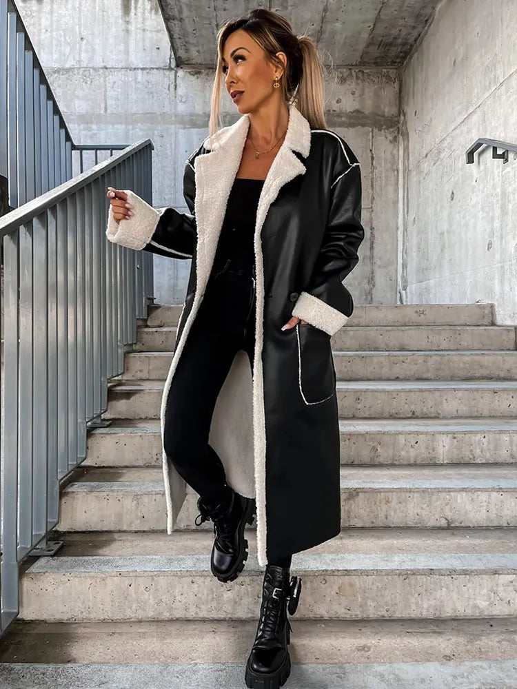 Kurtka Damska Elegancka Skórzana z Paskiem i Imitacją Futra